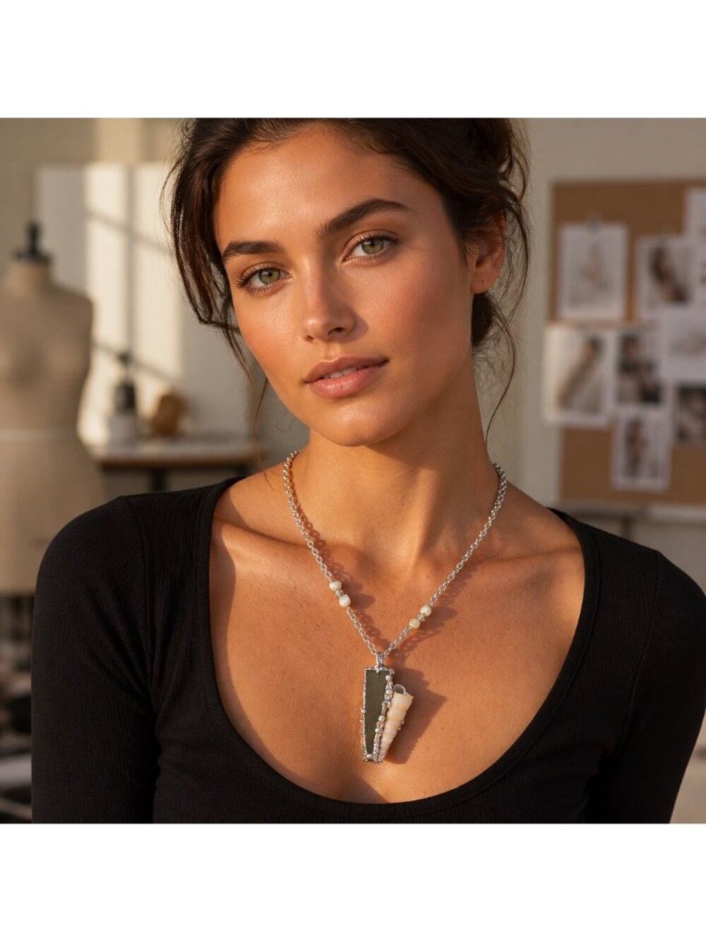 Tidepool Song — Artisan-Crafted Green Sea Glass, Conch Shell & Pearl Necklace